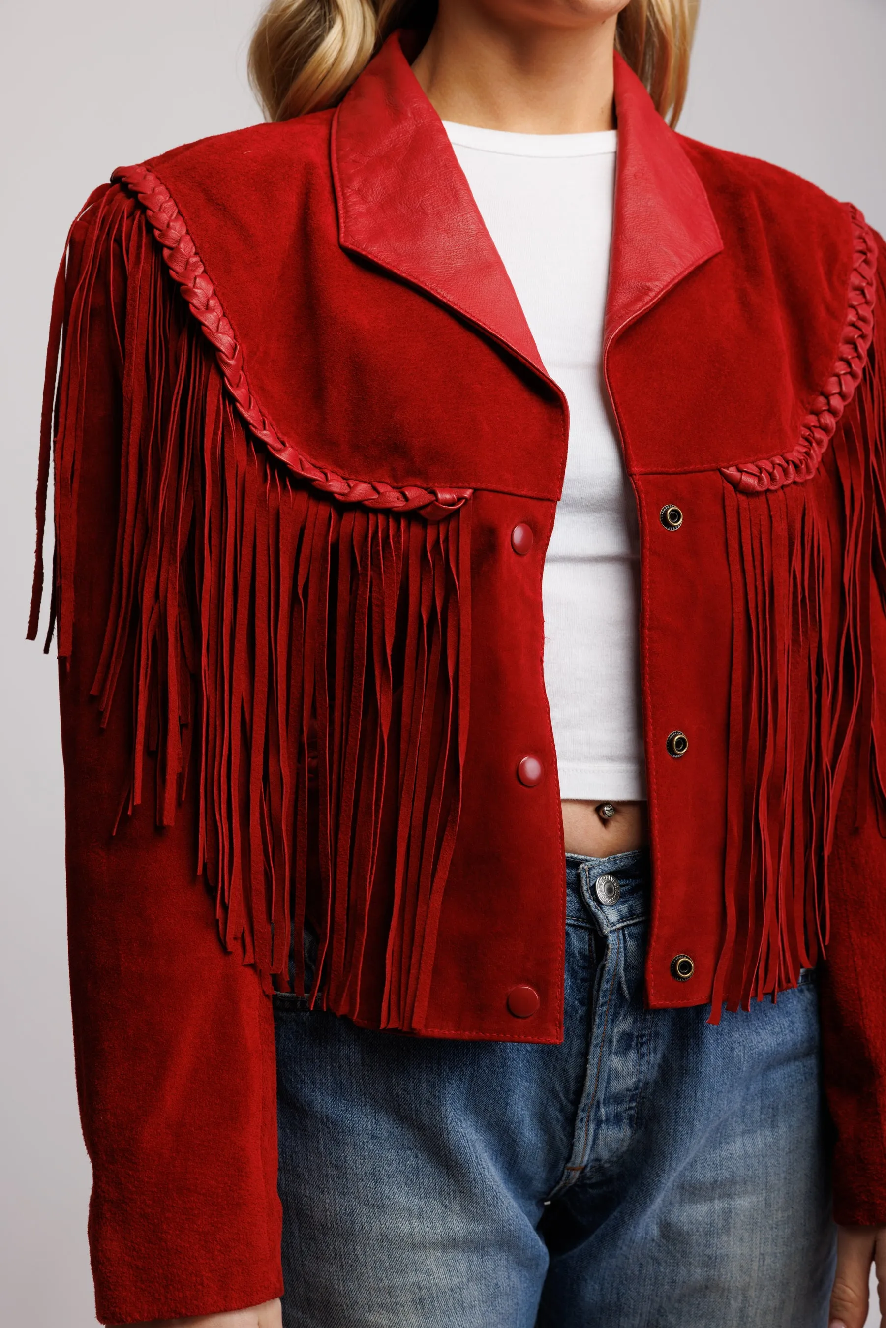 70's Red Suede Fringed Cropped Jacket S/M