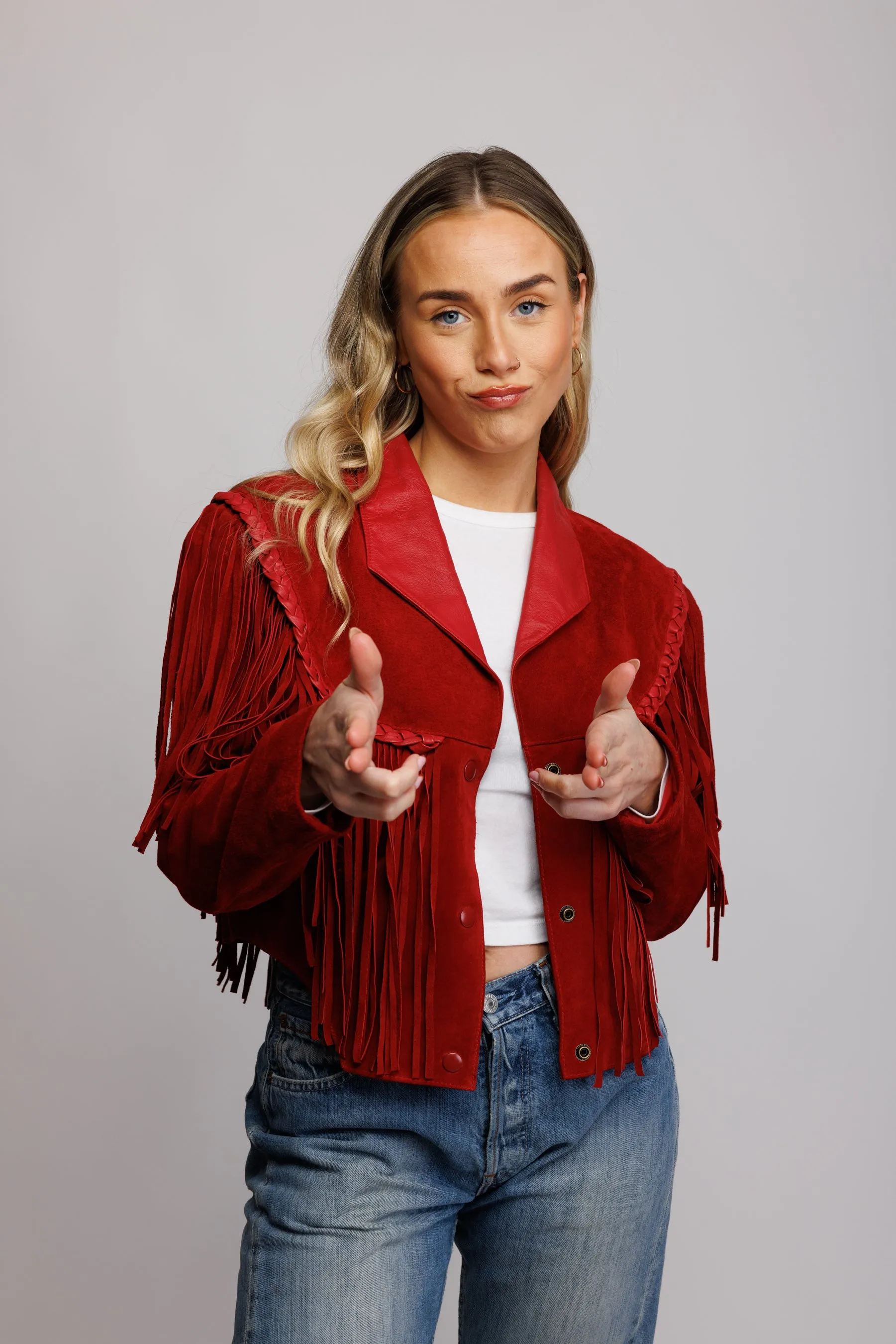 70's Red Suede Fringed Cropped Jacket S/M