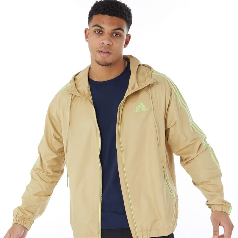 adidas Mens 3-Stripes Wind Water-Repellent Hooded Jacket Beige Tone/Beige Tone/Pulse Lime