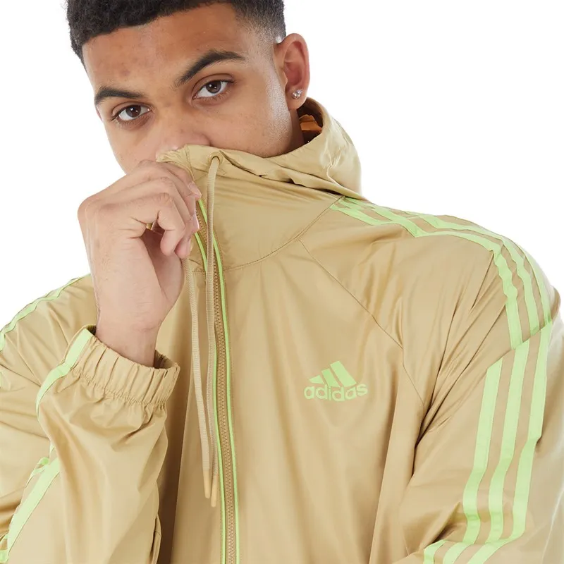 adidas Mens 3-Stripes Wind Water-Repellent Hooded Jacket Beige Tone/Beige Tone/Pulse Lime