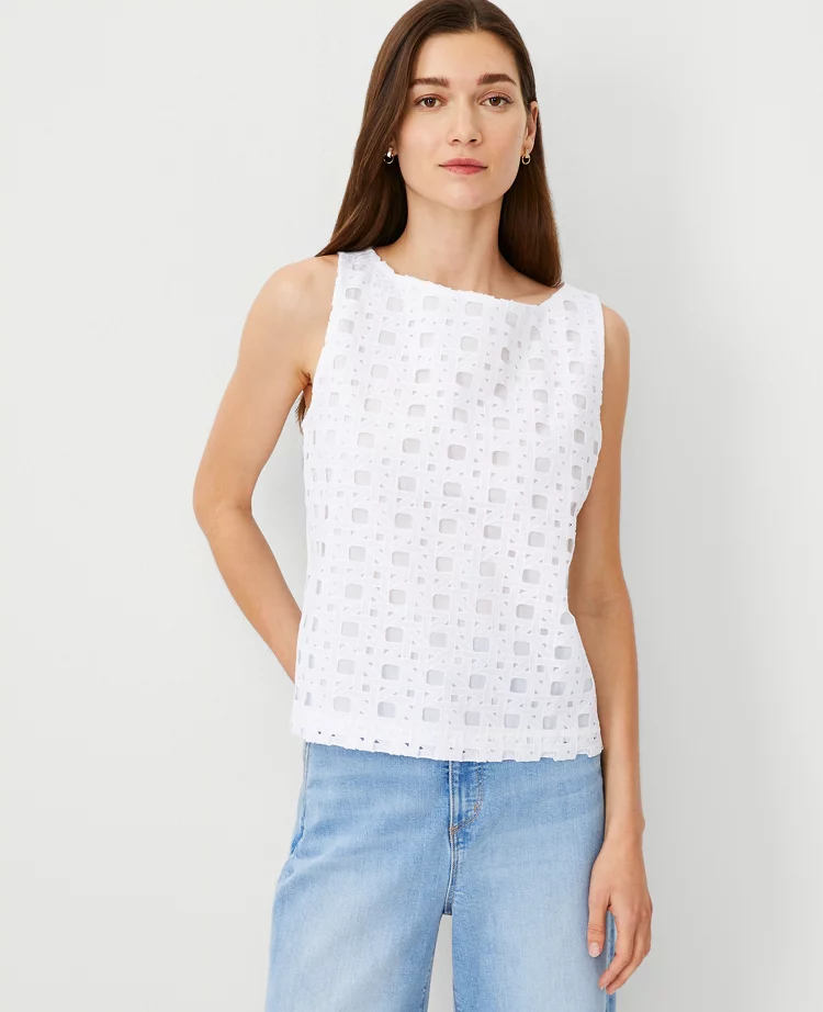 Ann Taylor Petite Eyelet Sleeveless Boatneck Top White Women's