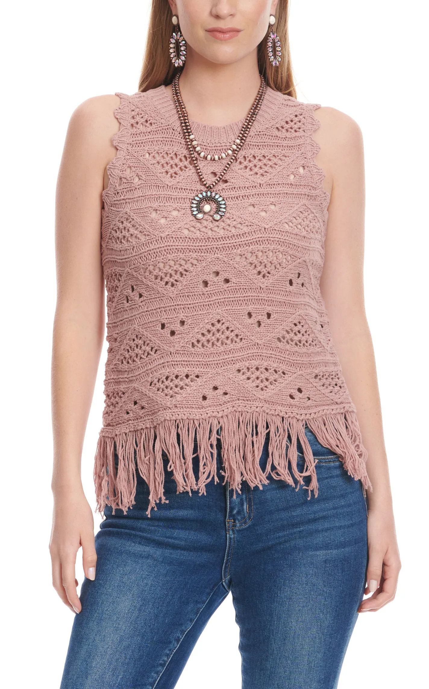 Another Love Women's Rose Smoke Sleeveless Fringed Hem Crochet Tank Top