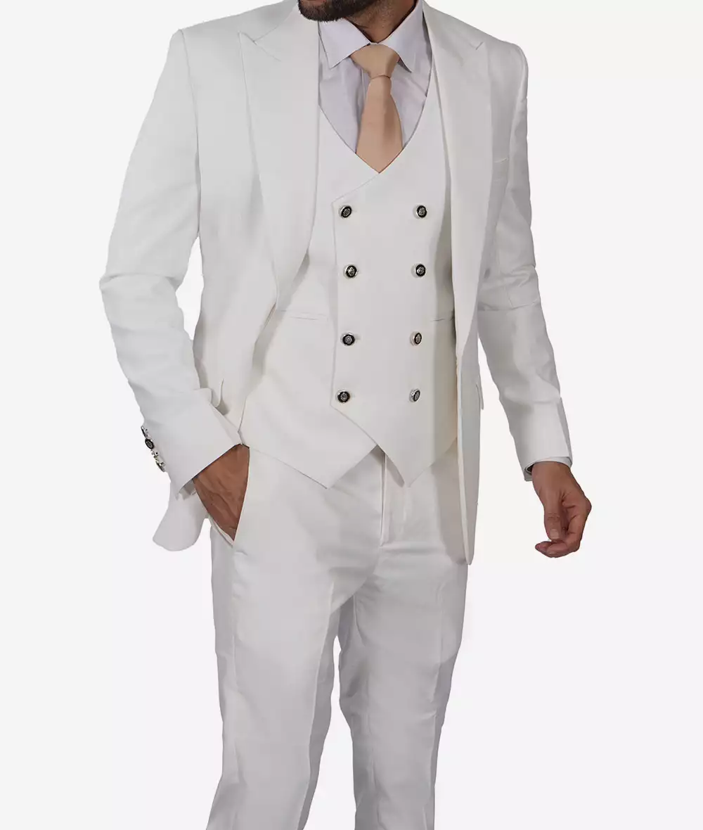 Antonio Men's Vintage White Three-Piece Suit with Double-Breasted Waistcoat