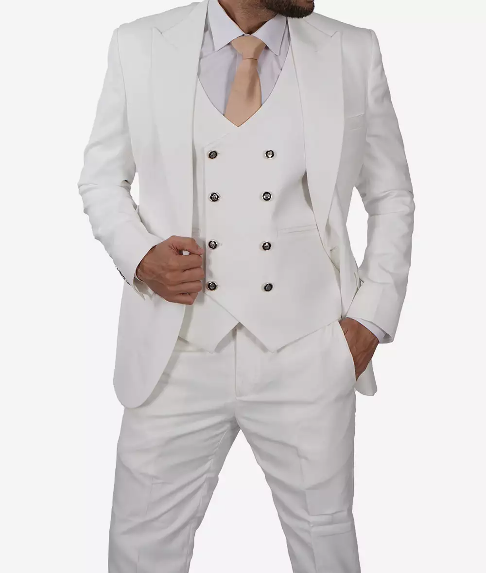 Antonio Men's Vintage White Three-Piece Suit with Double-Breasted Waistcoat