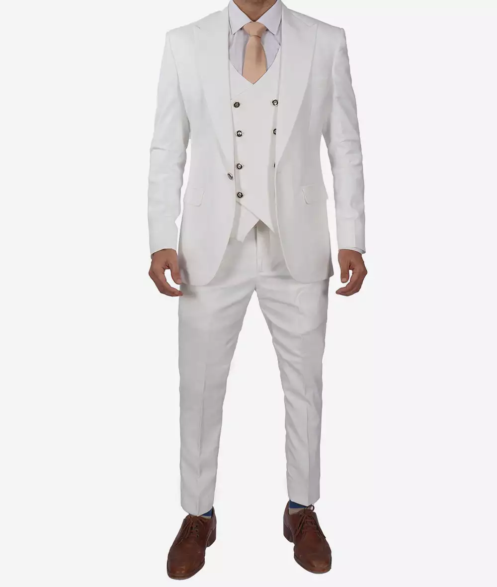 Antonio Men's Vintage White Three-Piece Suit with Double-Breasted Waistcoat