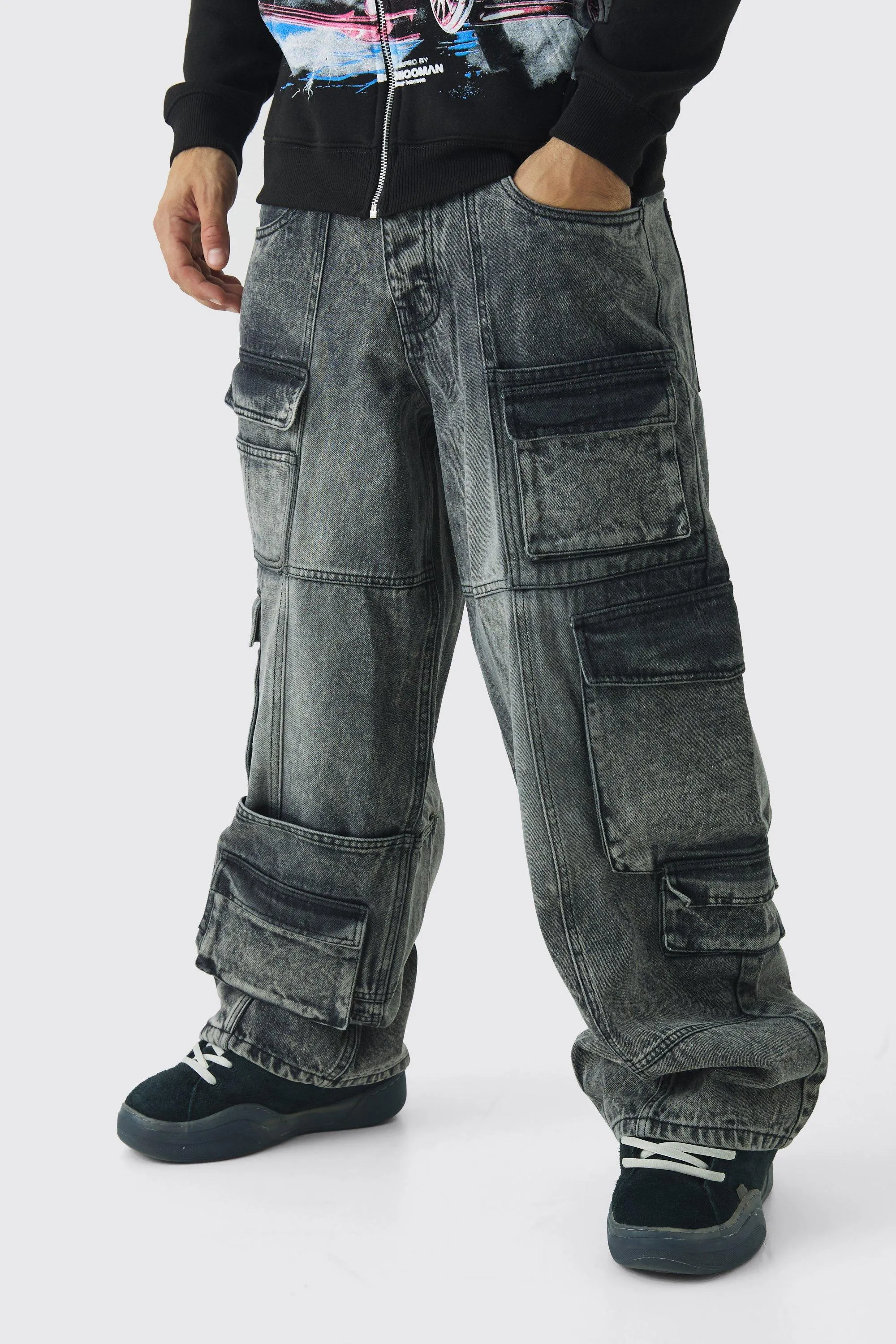 Baggy Fit Acid Wash Denim Cargo Jeans