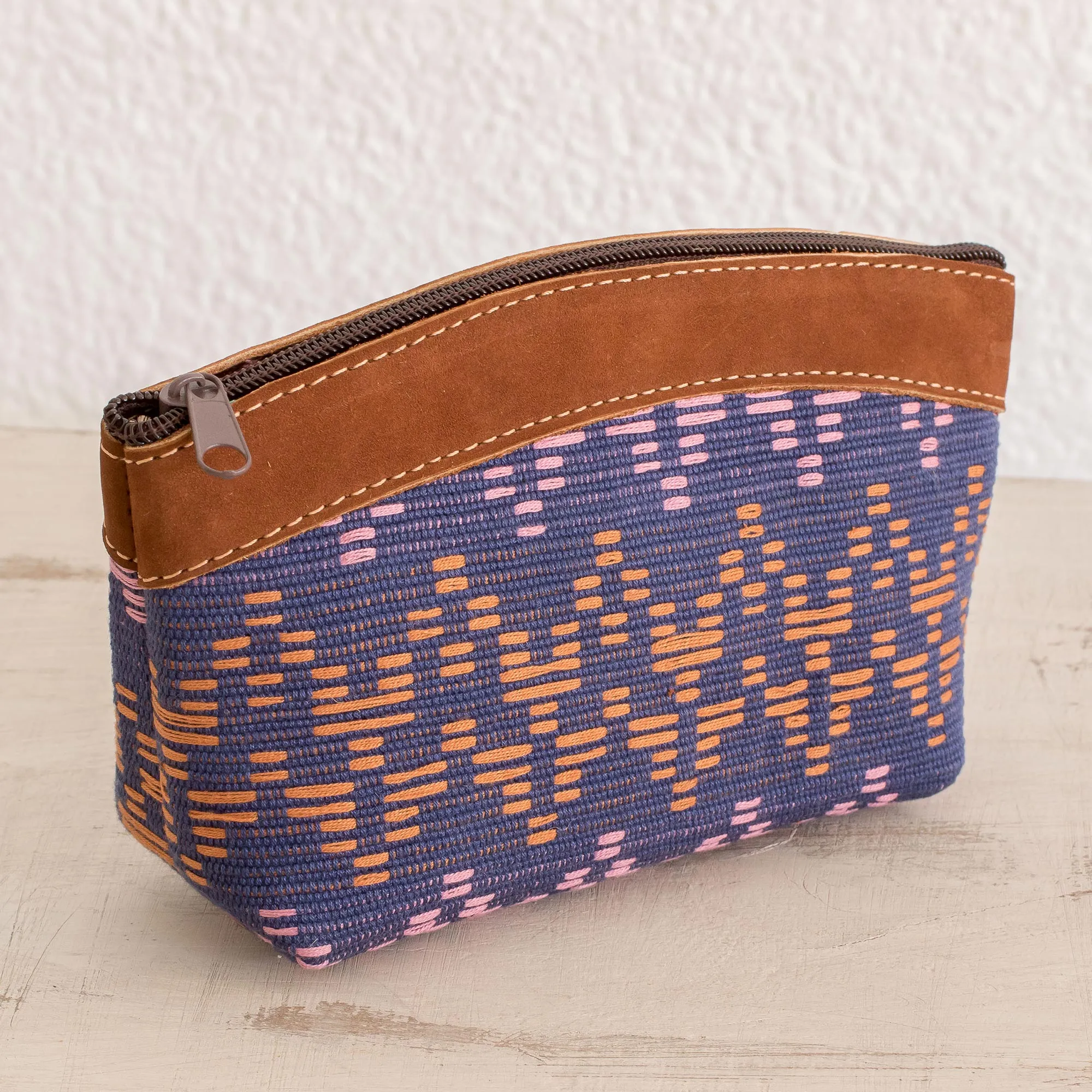 Beautiful Texture Leather Accent Cotton Cosmetic Bag from Guatemala