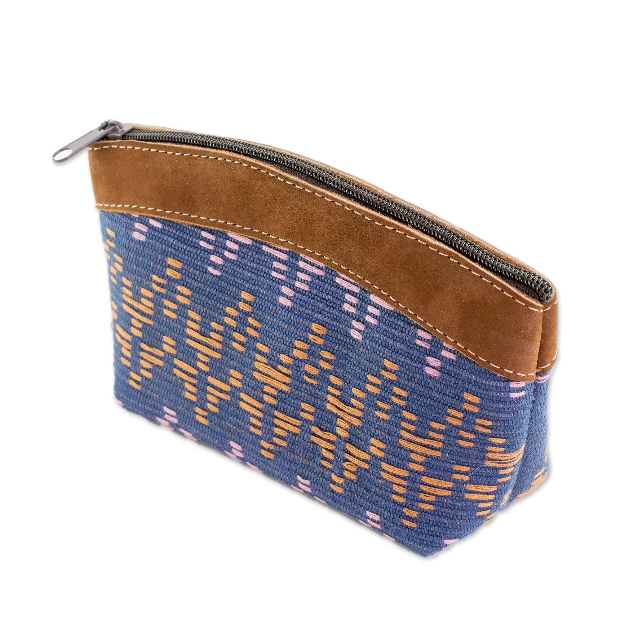 Beautiful Texture Leather Accent Cotton Cosmetic Bag from Guatemala