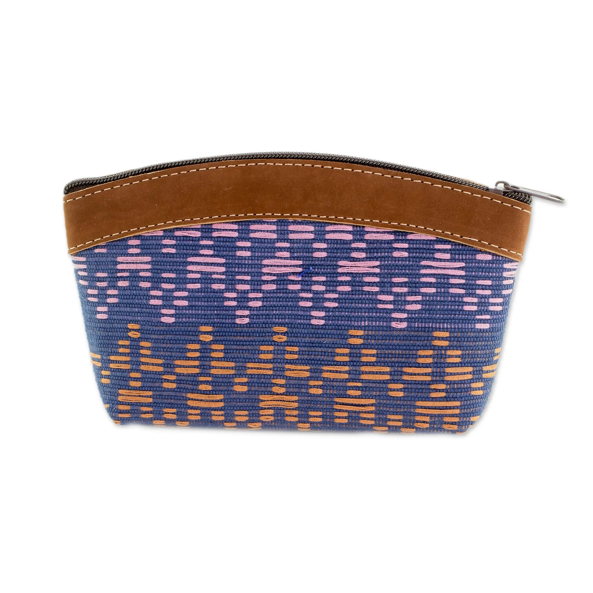 Beautiful Texture Leather Accent Cotton Cosmetic Bag from Guatemala