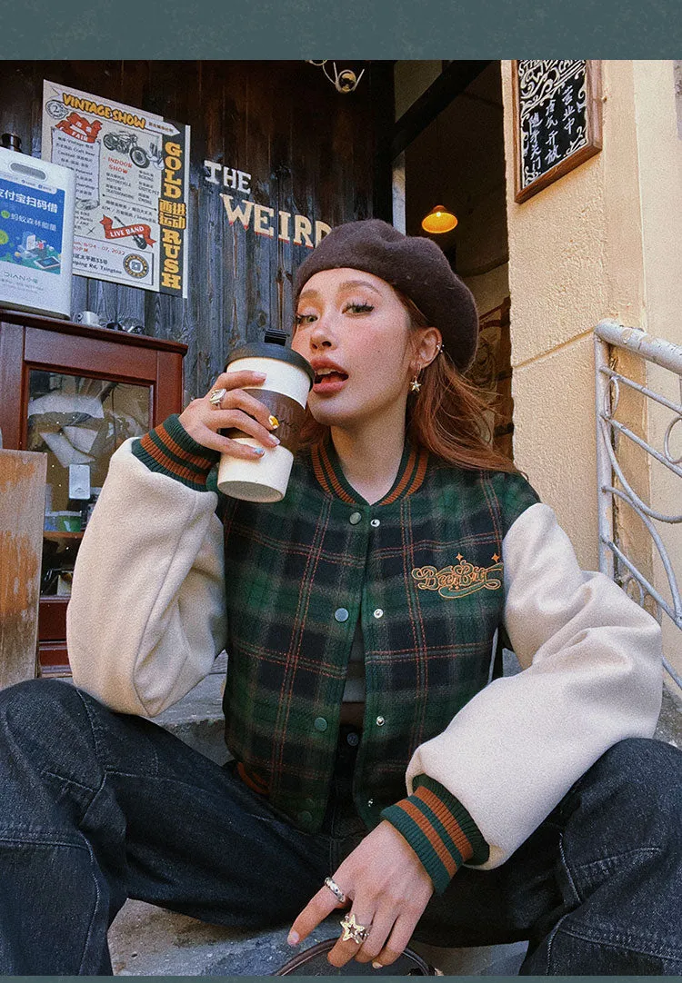 BeerBro Letter Embroidery Plaid Long Sleeve Cropped Varsity Jacket