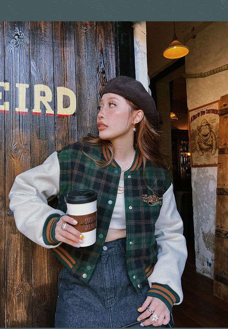 BeerBro Letter Embroidery Plaid Long Sleeve Cropped Varsity Jacket