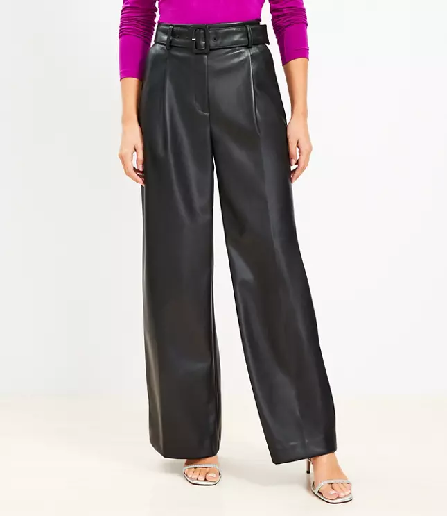 Belted Wide Leg Pants Faux Leather