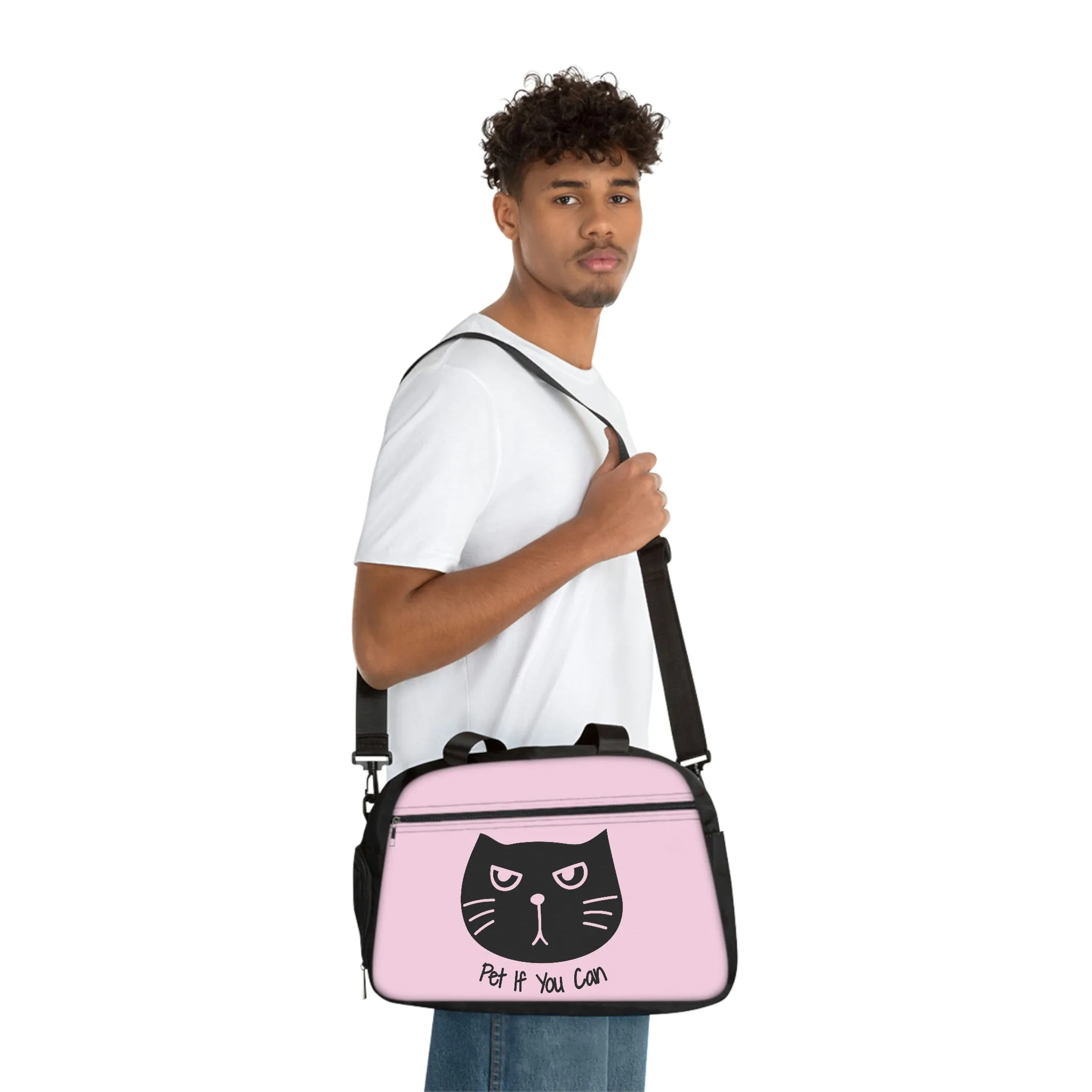 Black cat says Pet If You Can pink Fitness Handbag