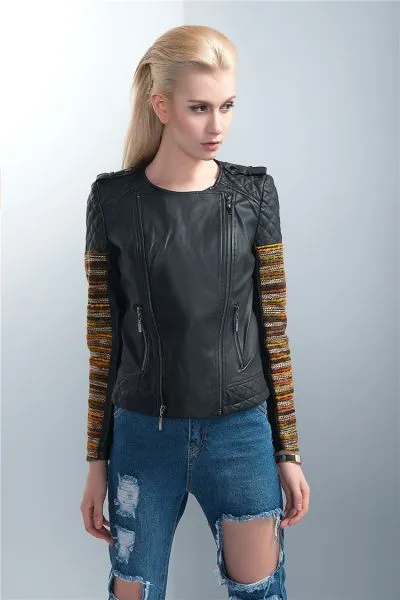 Black Leather Perfecto Jacket for Women Colored Fabric Sleeves