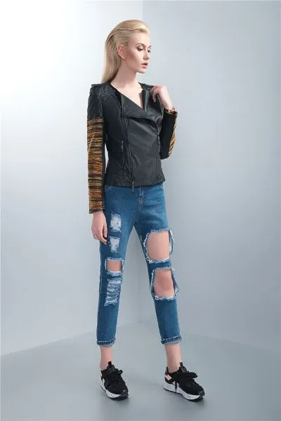 Black Leather Perfecto Jacket for Women Colored Fabric Sleeves