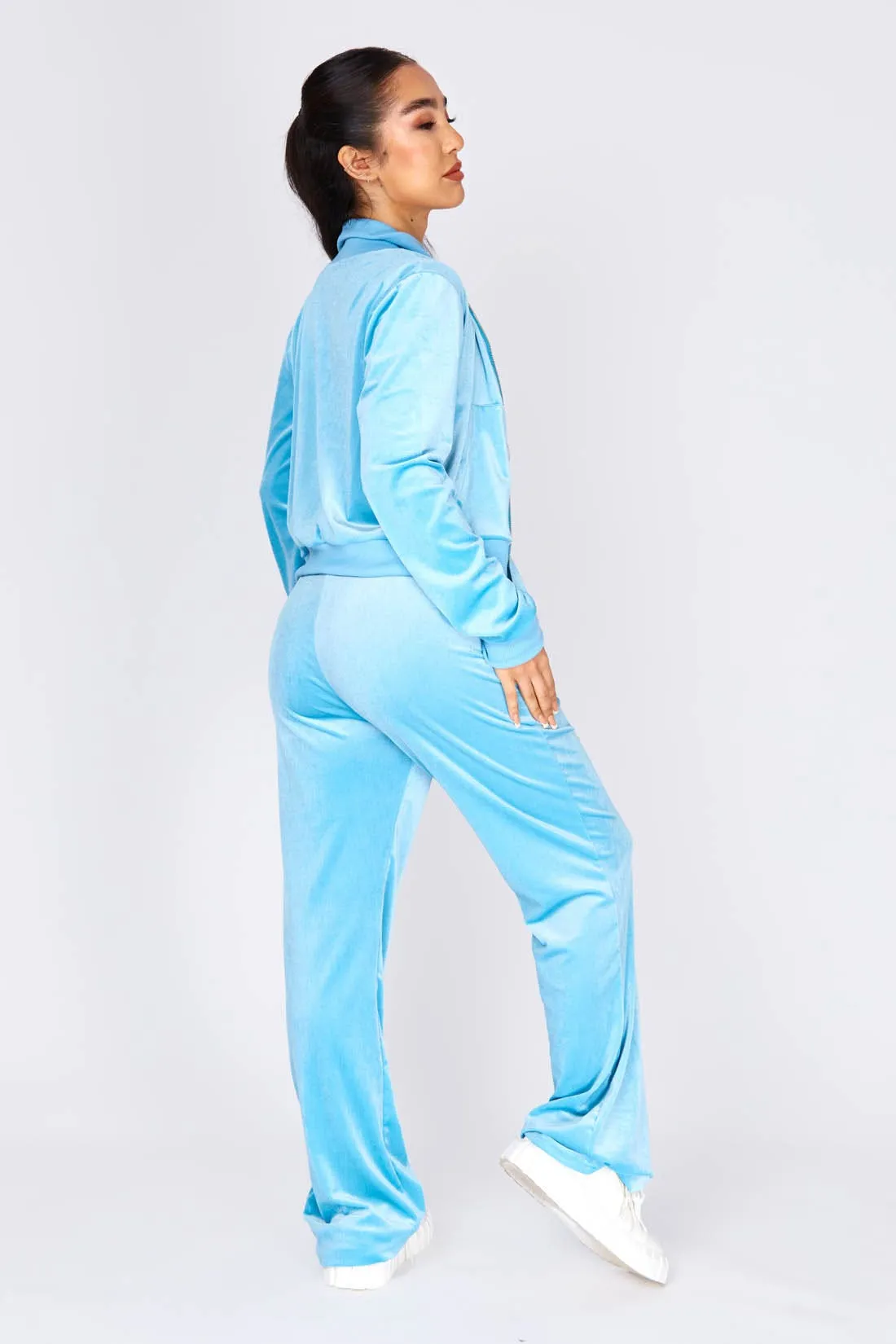 Blue Velour Cropped Jacket Tracksuit Set