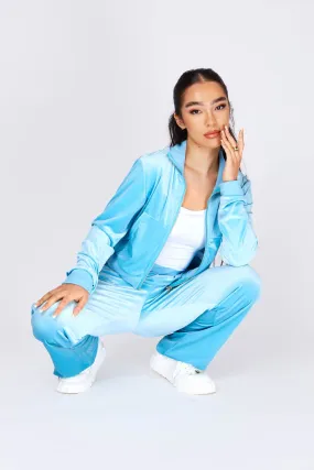 Blue Velour Cropped Jacket Tracksuit Set