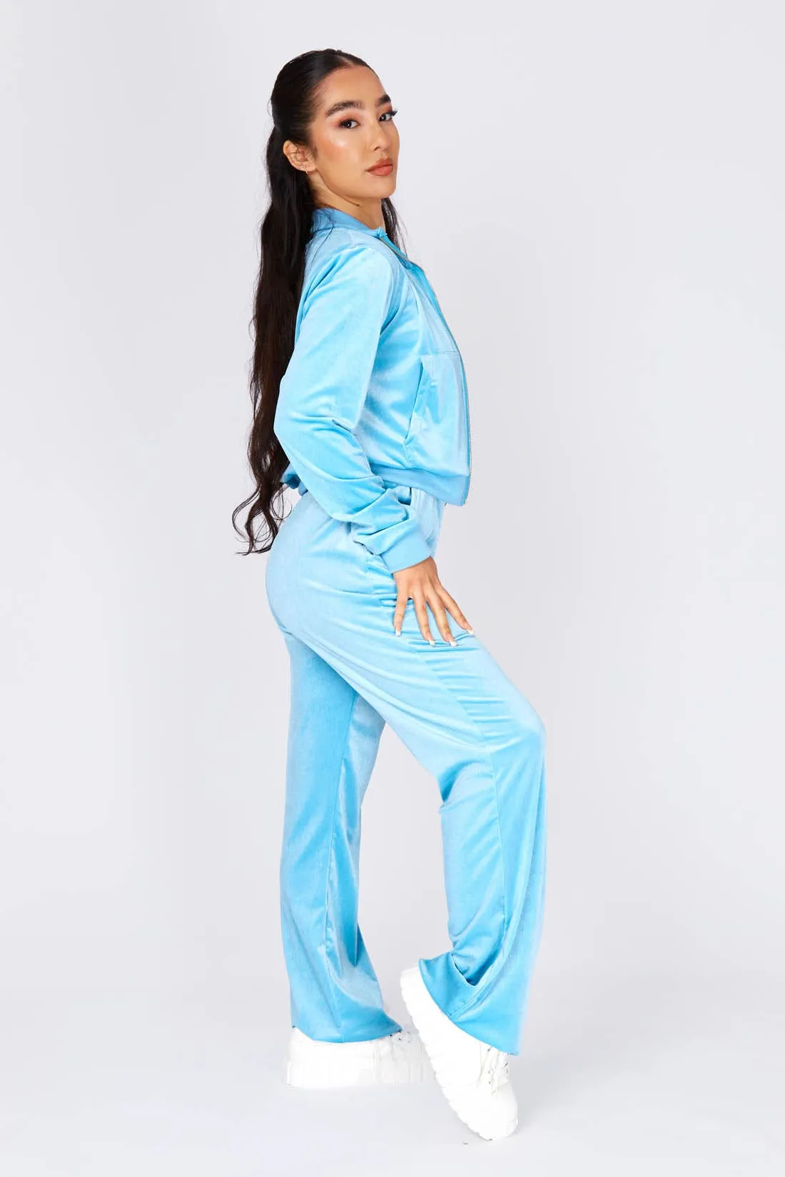 Blue Velour Cropped Jacket Tracksuit Set