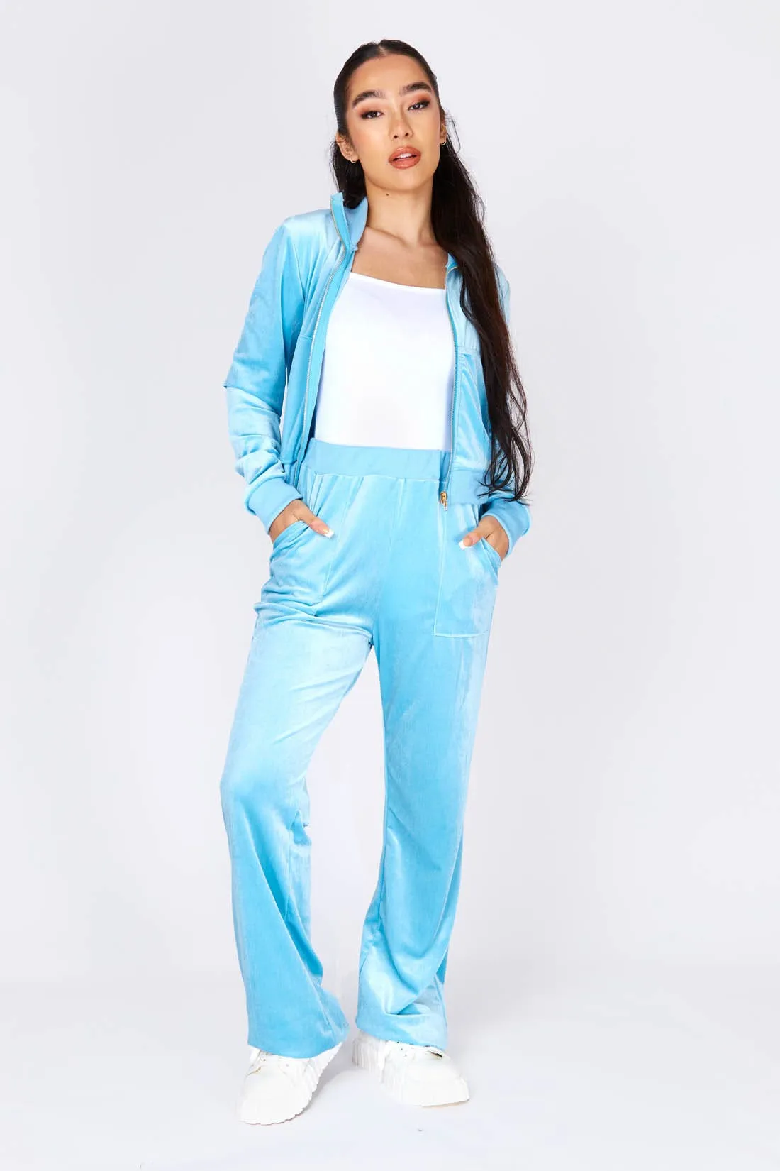 Blue Velour Cropped Jacket Tracksuit Set