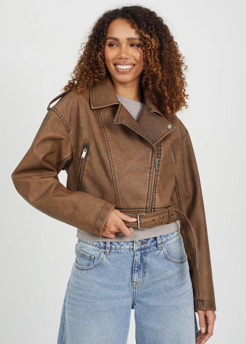 Brave Soul Brown Vic Faux Leather Cropped Biker Jacket