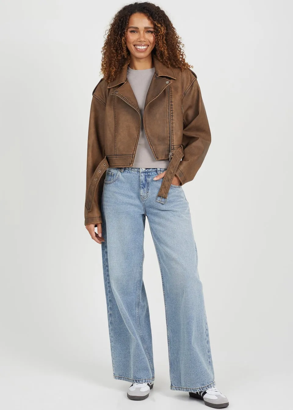 Brave Soul Brown Vic Faux Leather Cropped Biker Jacket