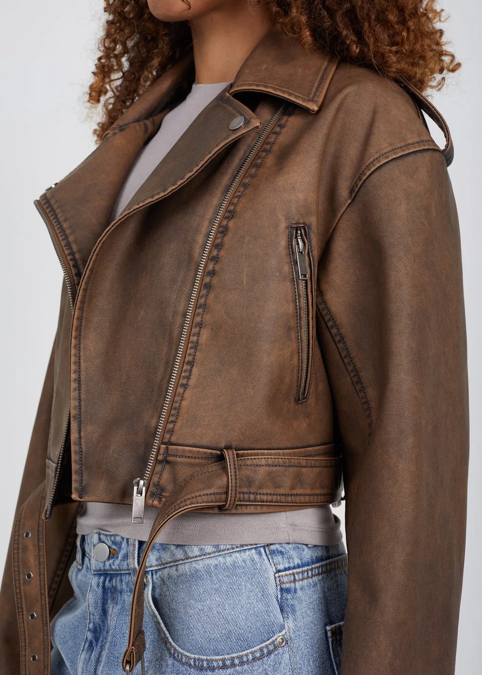 Brave Soul Brown Vic Faux Leather Cropped Biker Jacket