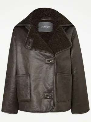 Chocolate Soft Touch Faux Leather Aviator Jacket | Women | George at ASDA