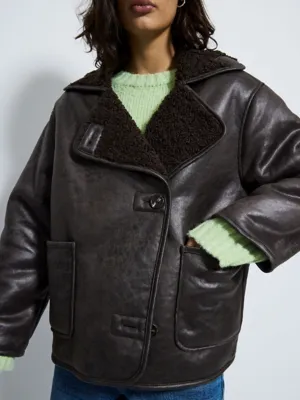 Chocolate Soft Touch Faux Leather Aviator Jacket | Women | George at ASDA