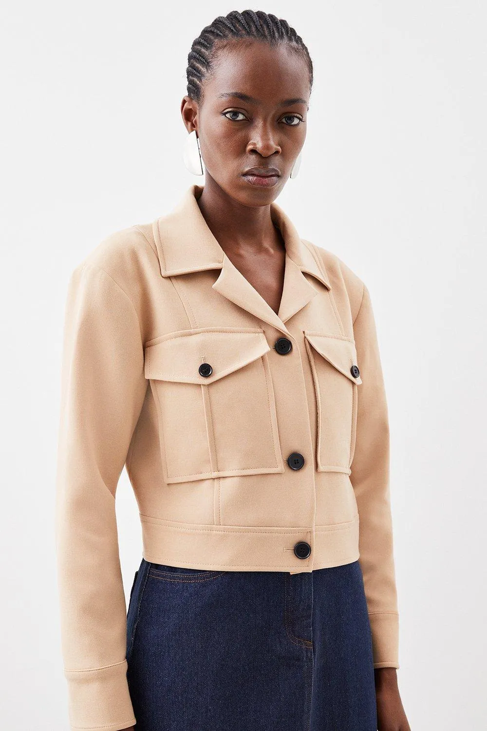 Compact Stretch Pocket Detail Tailored Cropped Jacket | Karen Millen