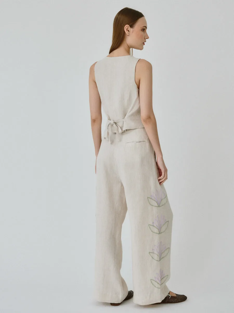 Daphne Floral Linen Waistcoat in Beige