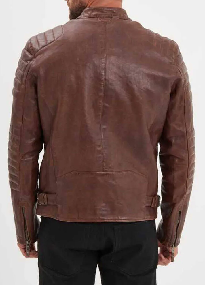 Dark cognac men's leather jacket cruces motorcycle style