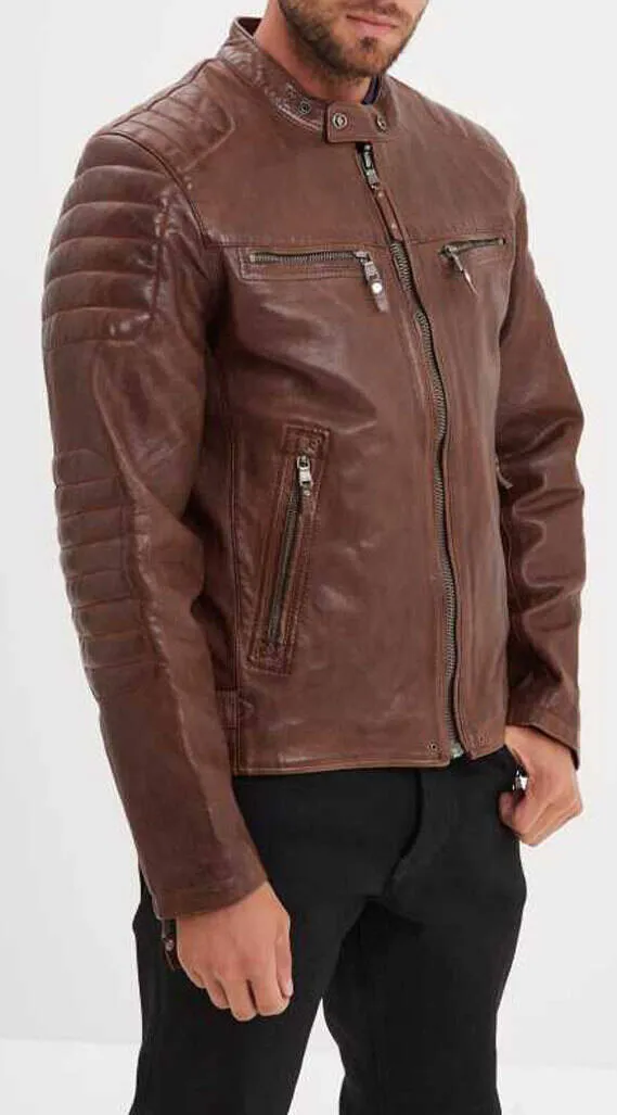 Dark cognac men's leather jacket cruces motorcycle style