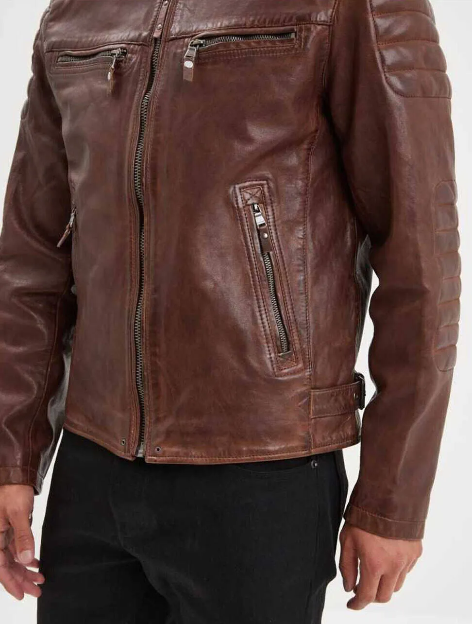 Dark cognac men's leather jacket cruces motorcycle style