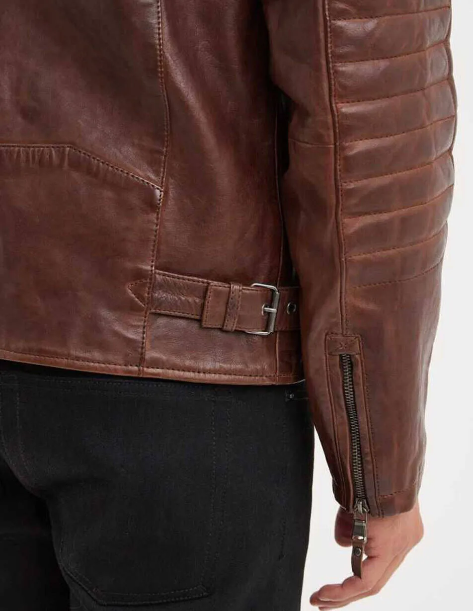 Dark cognac men's leather jacket cruces motorcycle style