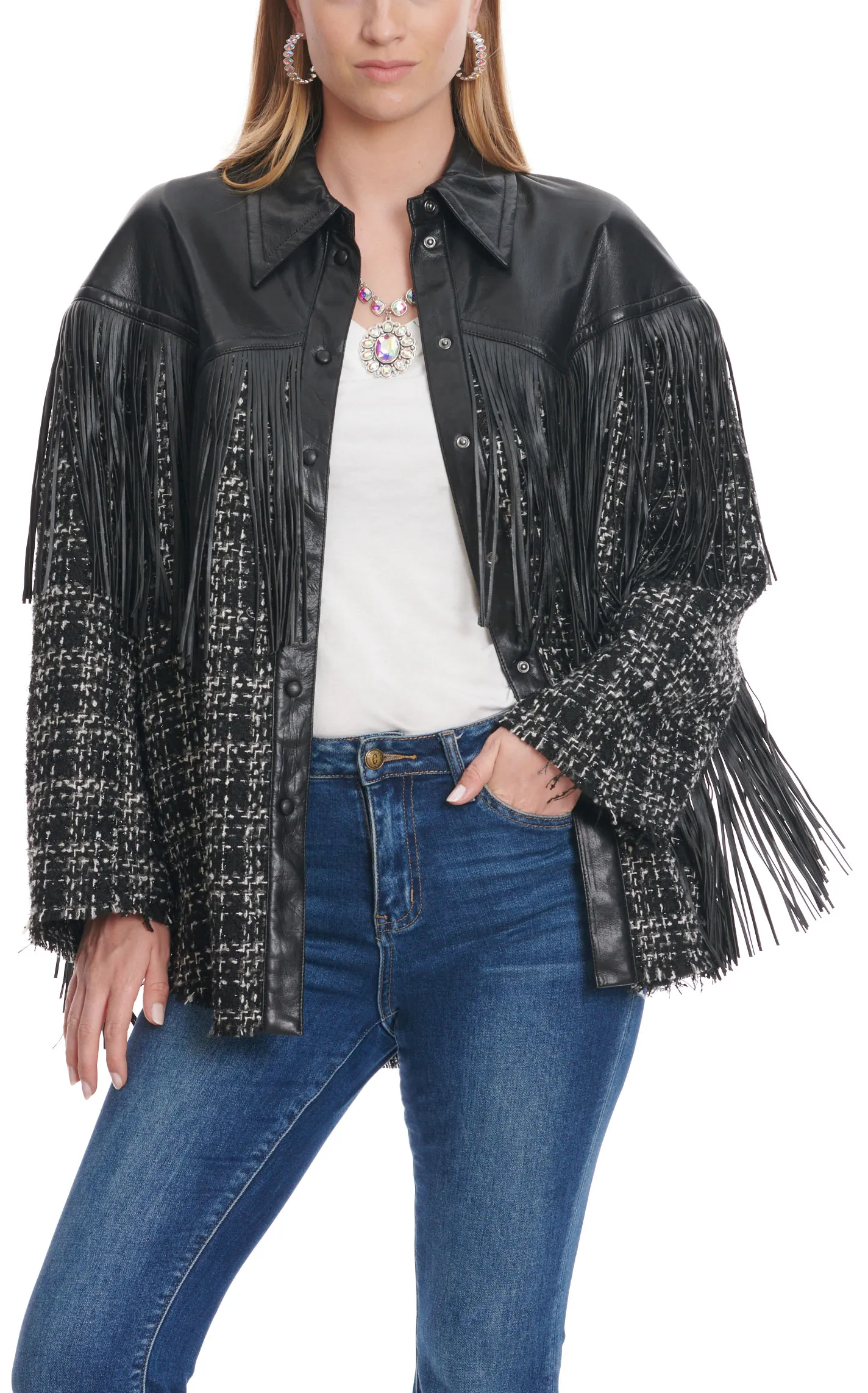 Dictionary Women's Black & White Woven Plaid Faux Leather Fringed Jacket