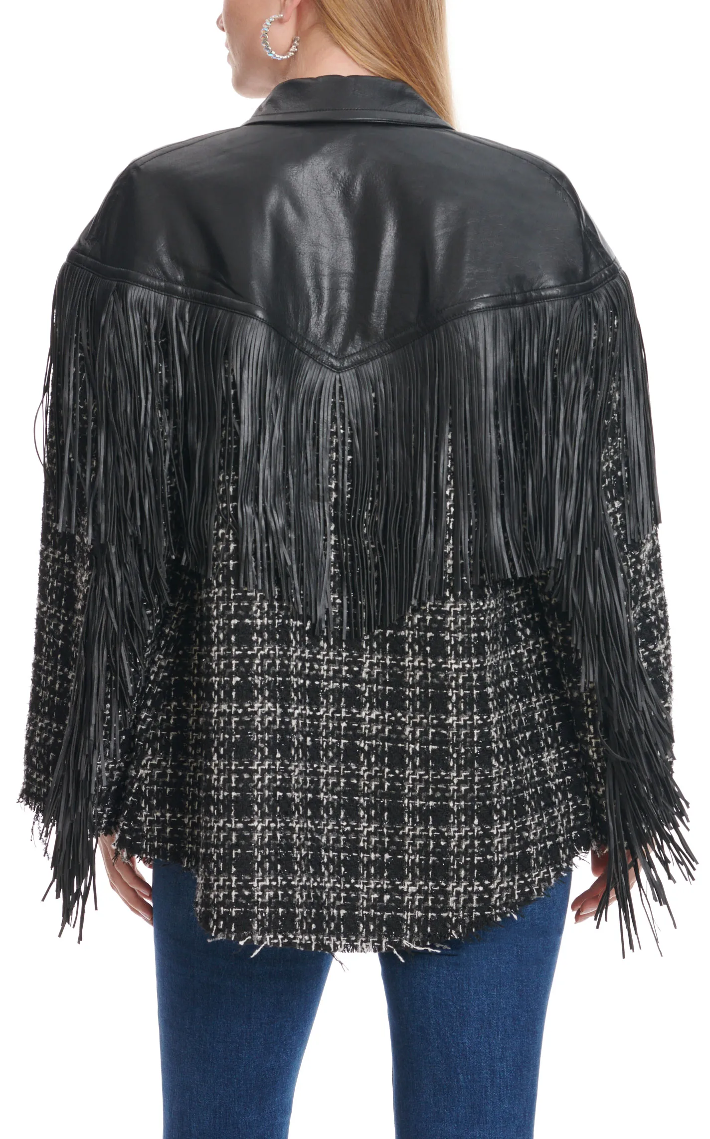 Dictionary Women's Black & White Woven Plaid Faux Leather Fringed Jacket