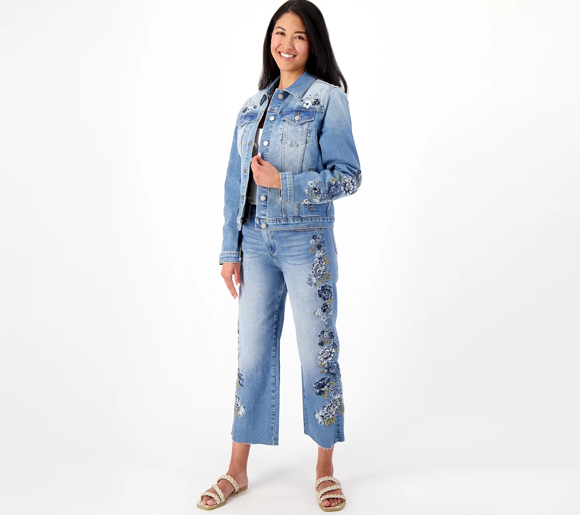 Driftwood Jeans Charlee Wide Leg Embroidered Crop- Blue Bell Fleur