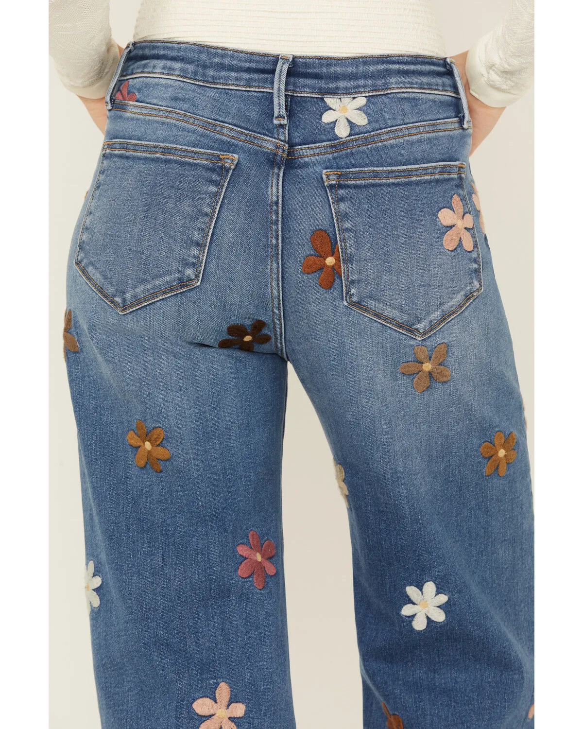 Driftwood Women's Charlee X Doo Wop Medium Wash High Rise Floral Embroidered Straight Stretch Denim Jeans