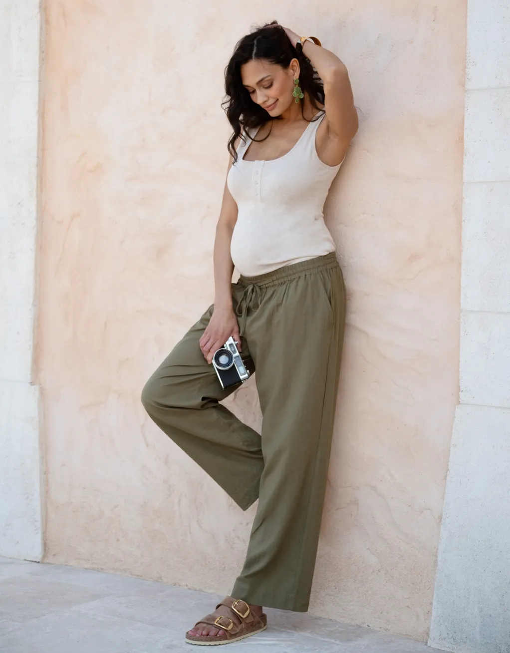 Elan | Wide-Leg Linen-Blend Under Bump Maternity Pants