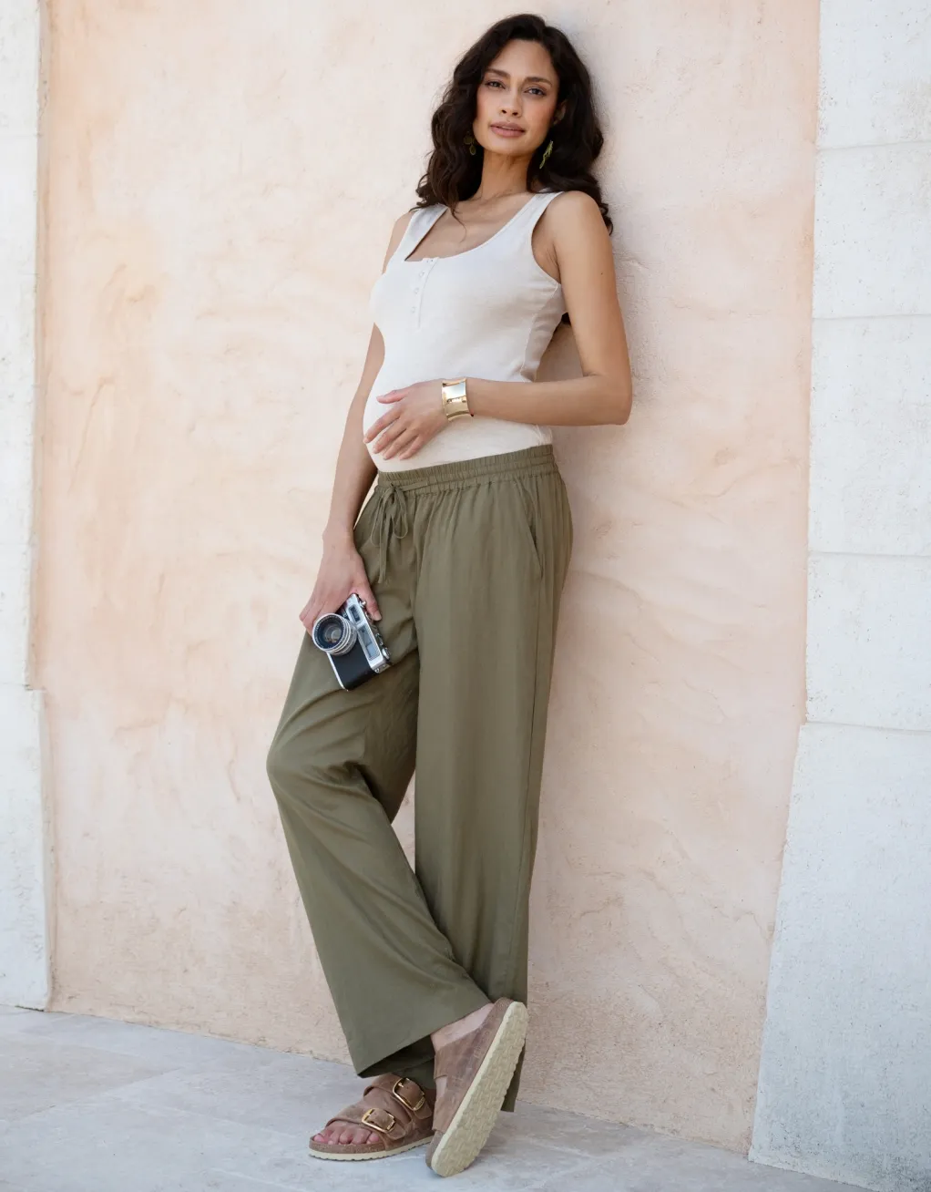 Elan | Wide-Leg Linen-Blend Under Bump Maternity Pants