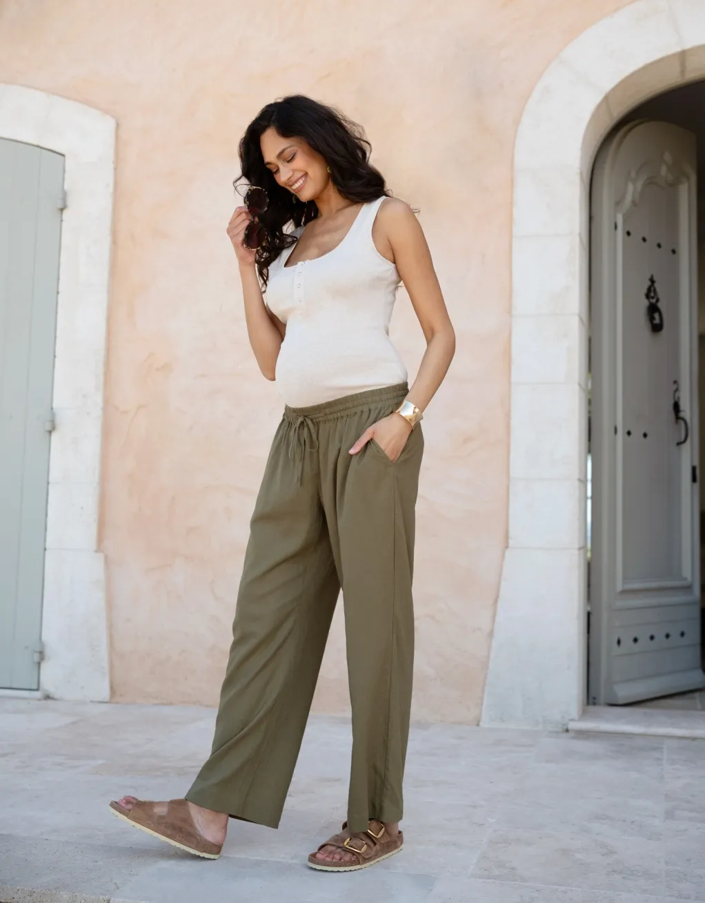 Elan | Wide-Leg Linen-Blend Under Bump Maternity Pants