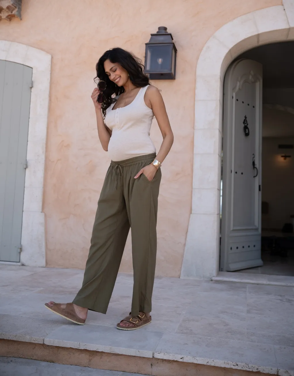 Elan | Wide-Leg Linen-Blend Under Bump Maternity Pants