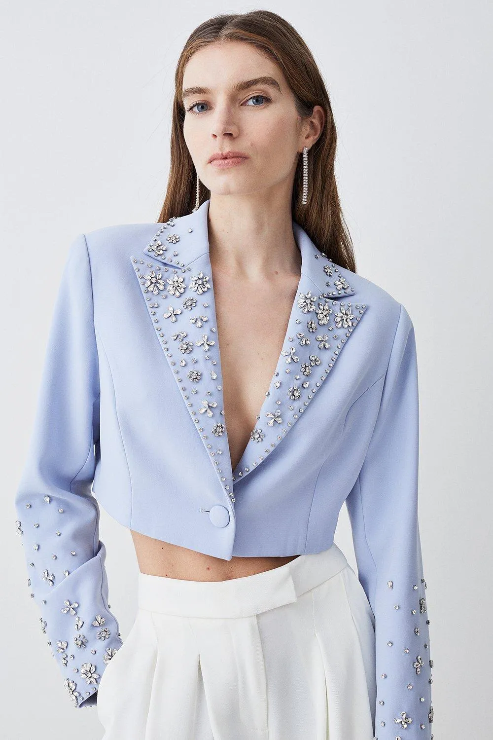 Embellished Stretch Woven Cropped Jacket | Karen Millen