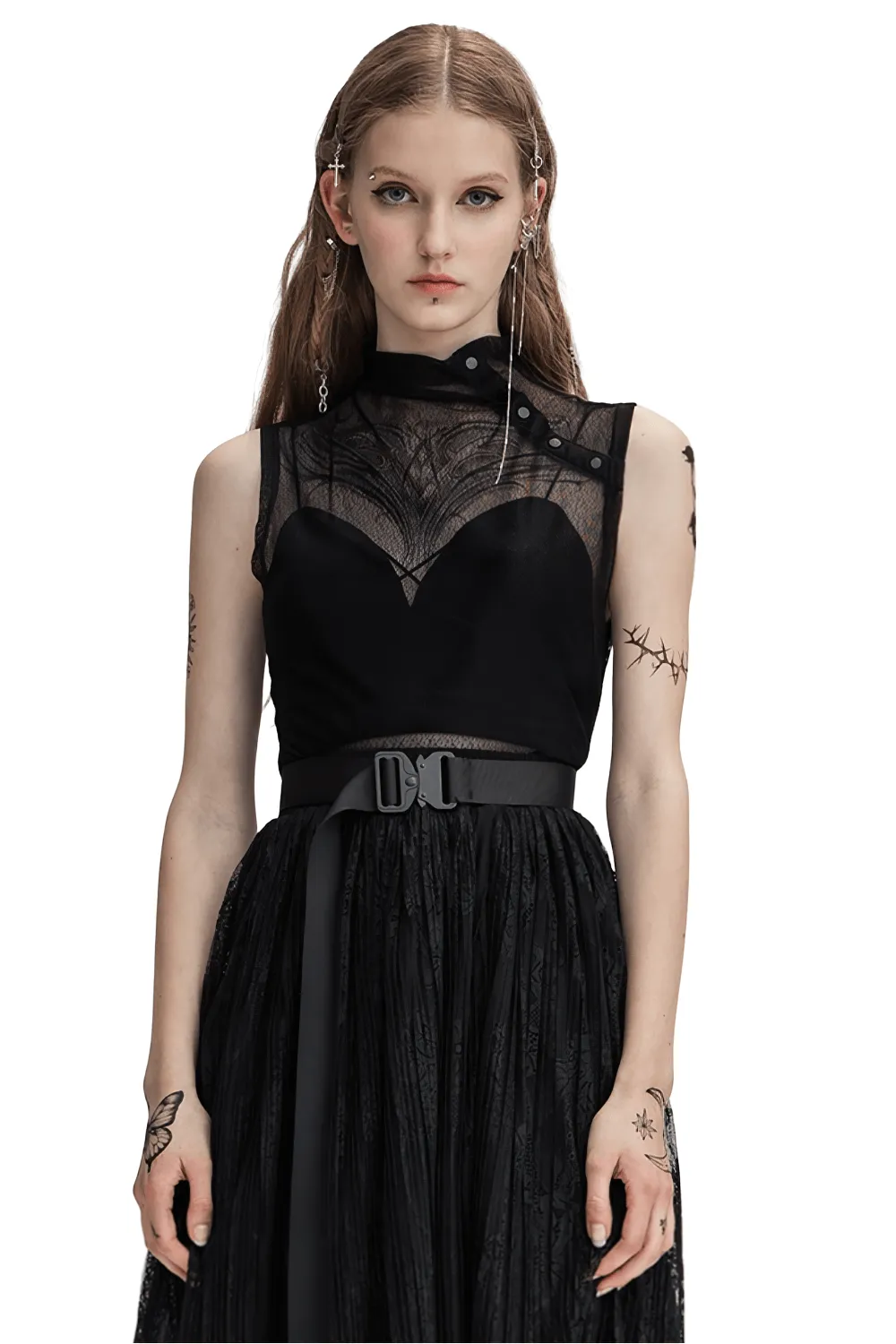 EU SALE of Elegant Gothic Black Mesh Top Sleeveless with High Neck