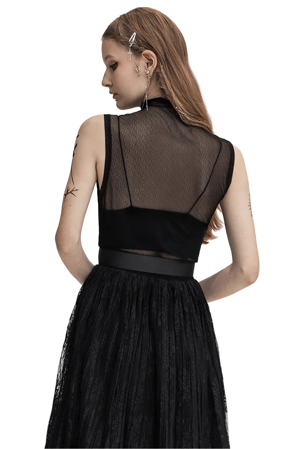 EU SALE of Elegant Gothic Black Mesh Top Sleeveless with High Neck