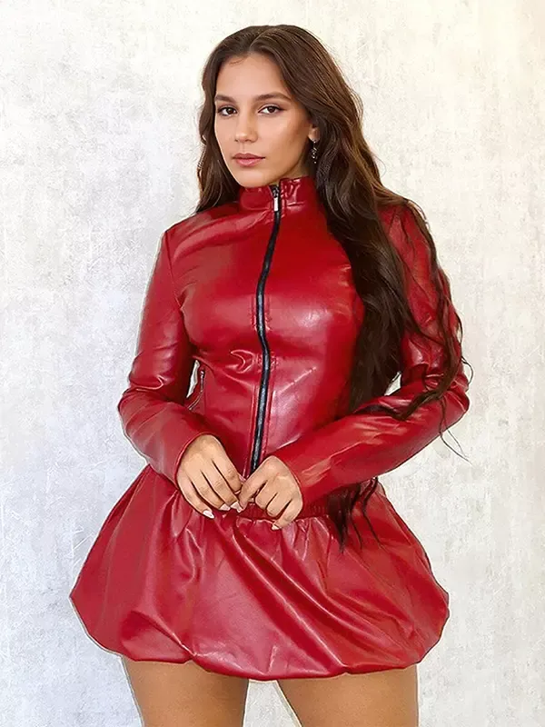 Faux Leather Two Piece Set In Red Long Sleeve Jacket And Bubble Skirt Night Out Sexy Clubwear For Women 2025