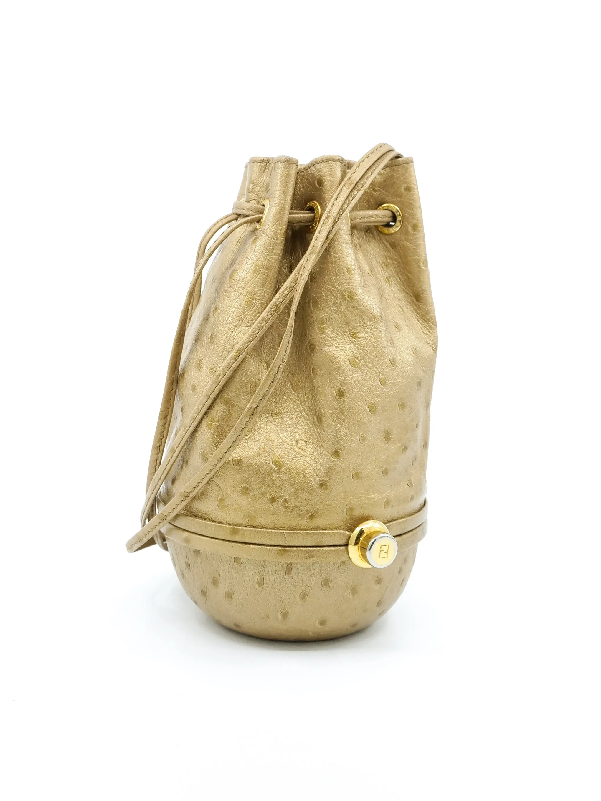 Fendi Gold Ostrich Leather Drawstring Evening Bag