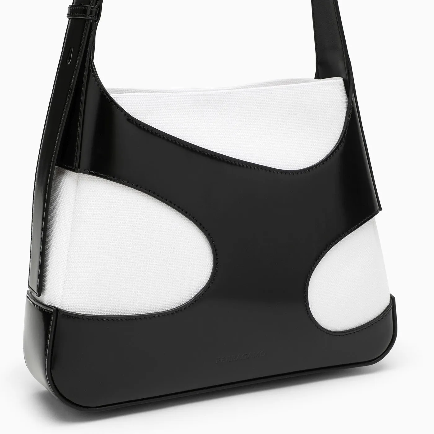 Ferragamo    Ferragamo Medium Shoulder Bag With Cut Out Black And White