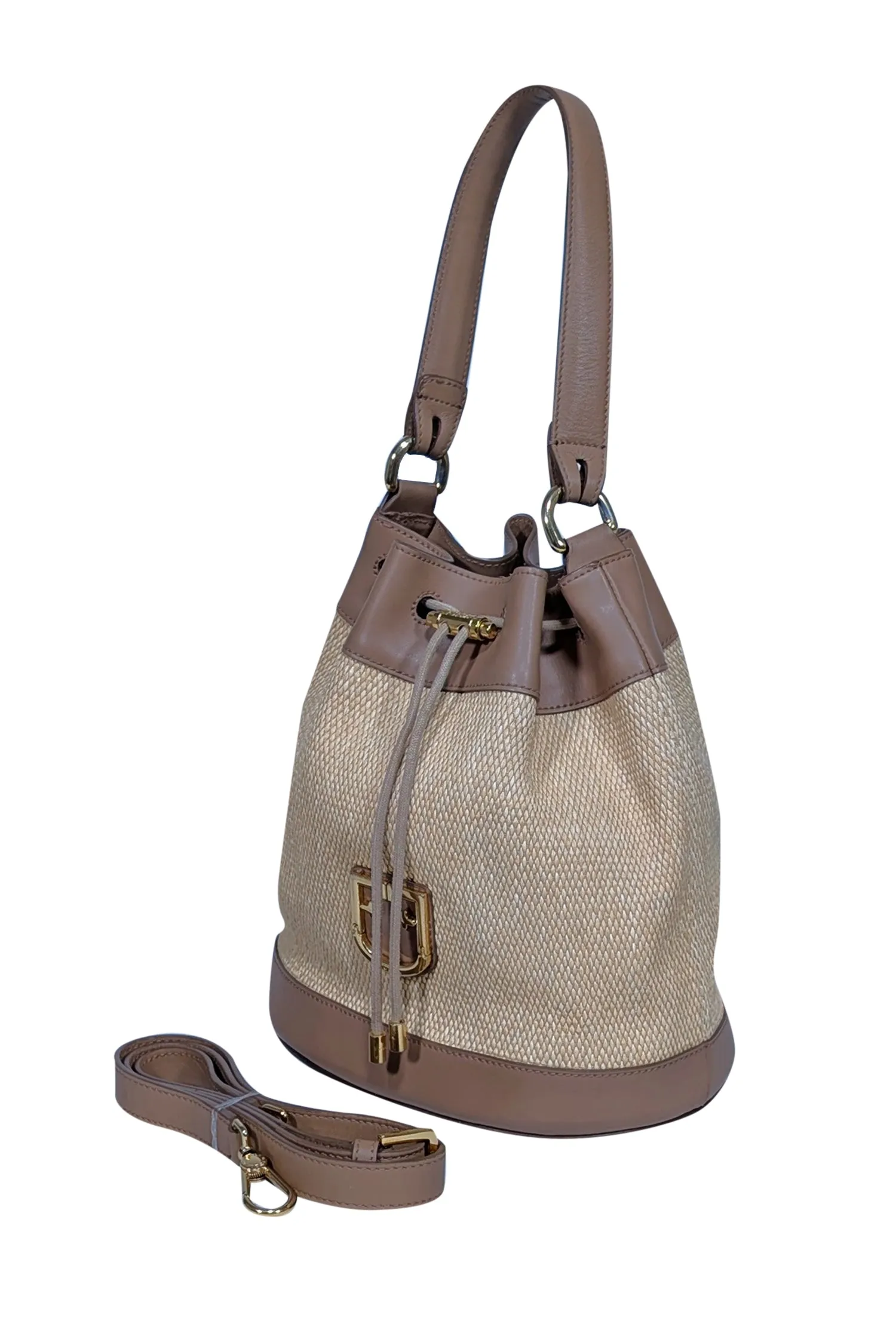 Furla - Beige Raffia Bucket Bag w/ Genuine Leather Trims