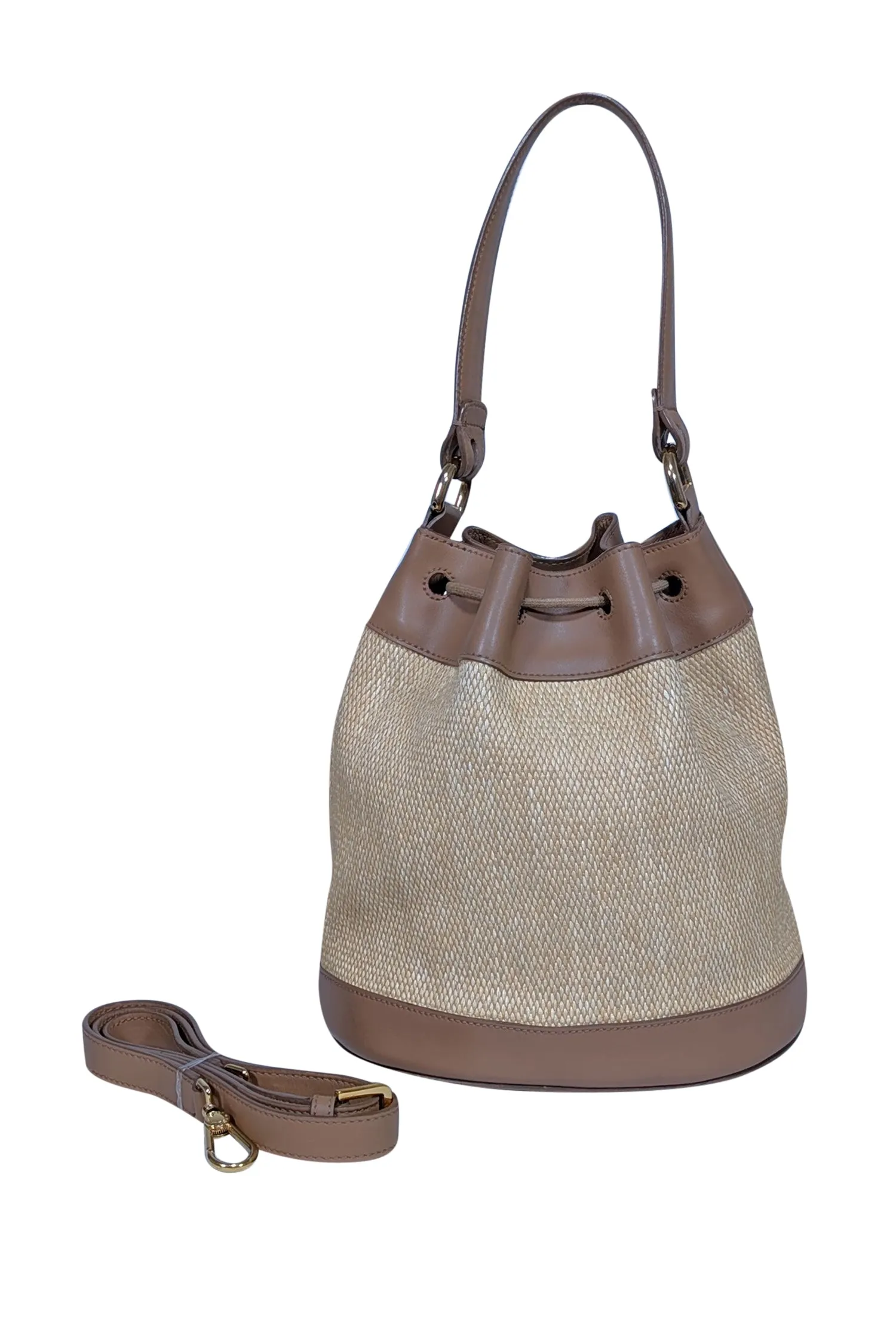 Furla - Beige Raffia Bucket Bag w/ Genuine Leather Trims